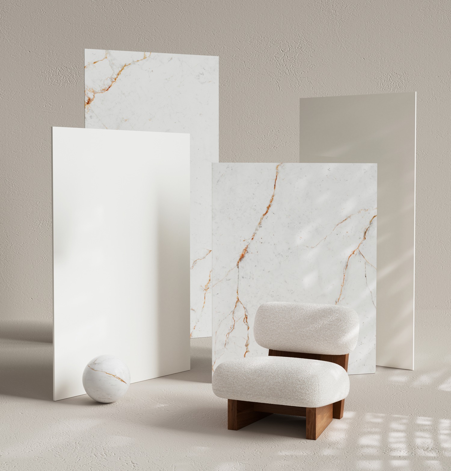 Intero - Kitchen, bathroom and home design - Marble samples and Armchair