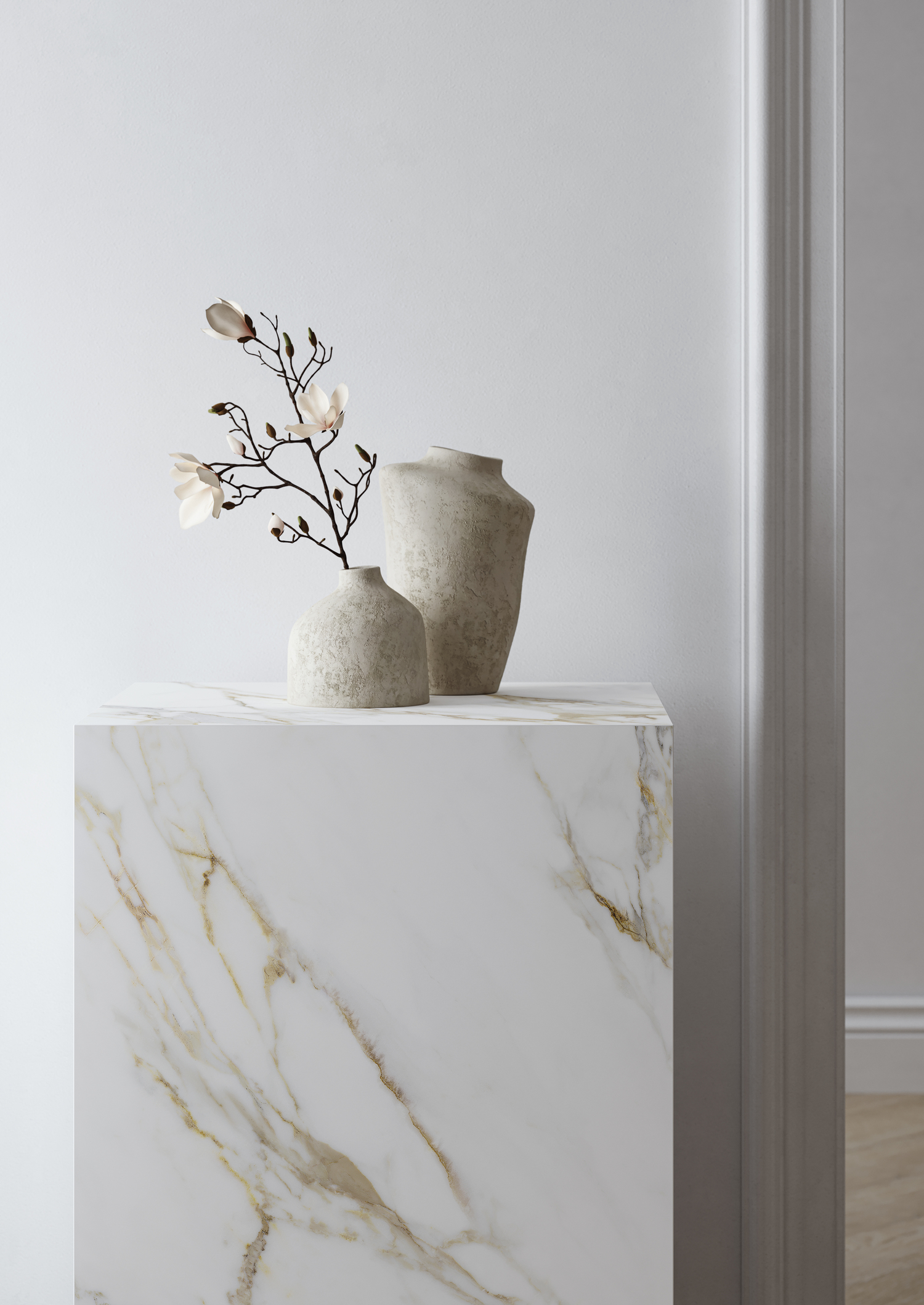 Intero - Kitchen, bathroom and home design - Marble and stone bench tops - vase and plants